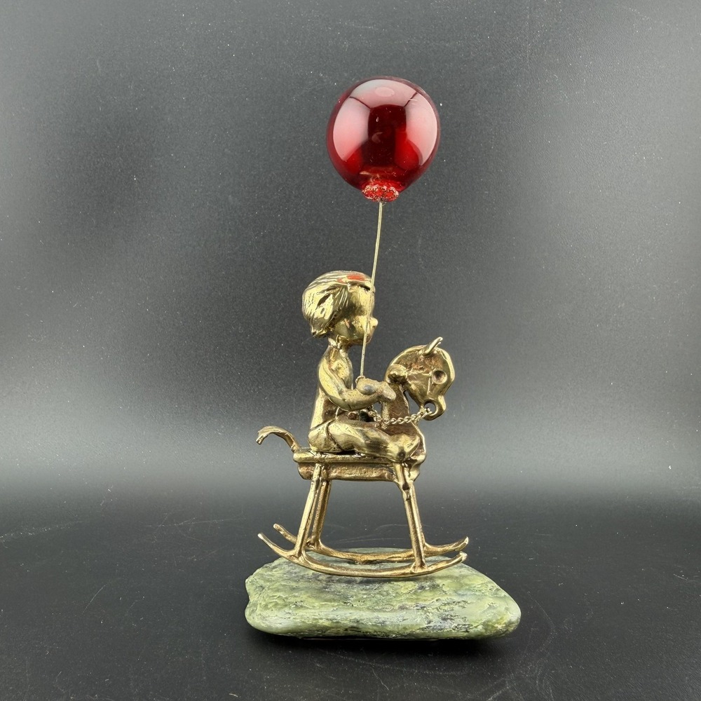 Malcolm Moran Rocking Horse Boy Balloon Bronze Sculpture on Jade Nephrite Rare